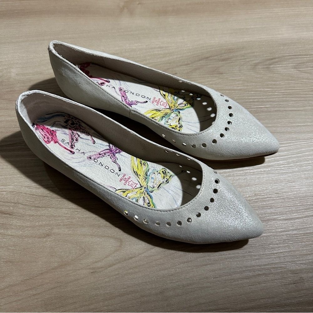 Sasha London Pointed Toe Flats Silver 37 Women Perforated Shimmer Dress Shoes